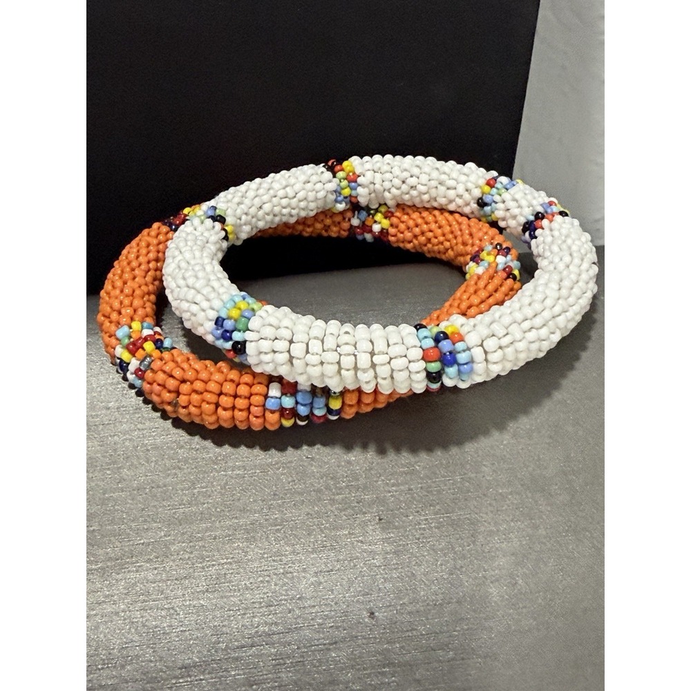 African Beaded Bangle Bracelets Set of 2 White Orange Multicolor Seed Bead Boho